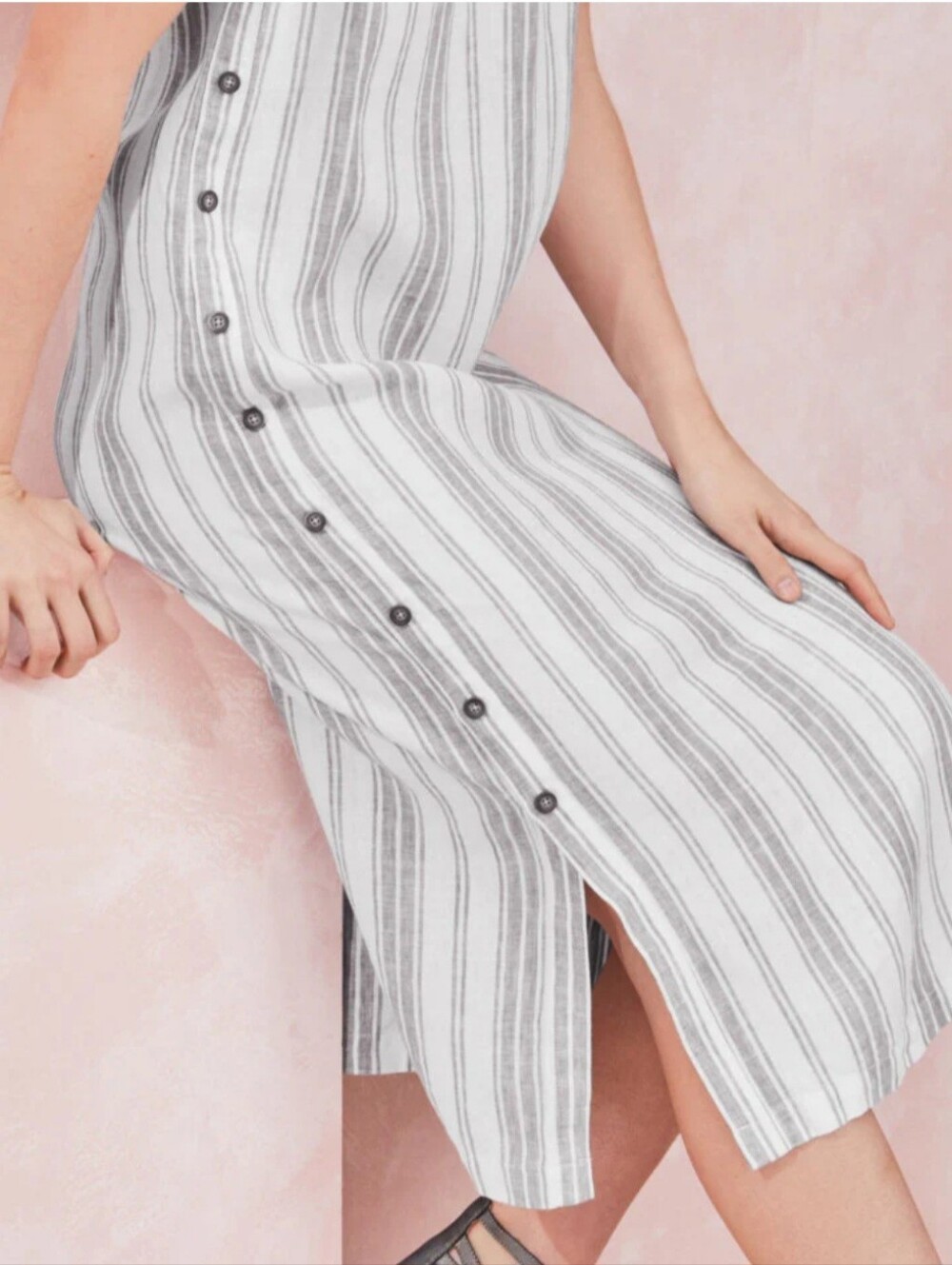 Garnet Hill Terra 100% Linen Dress Striped Midi Sleeveless White Gray Medium M - Picture 2 of 6